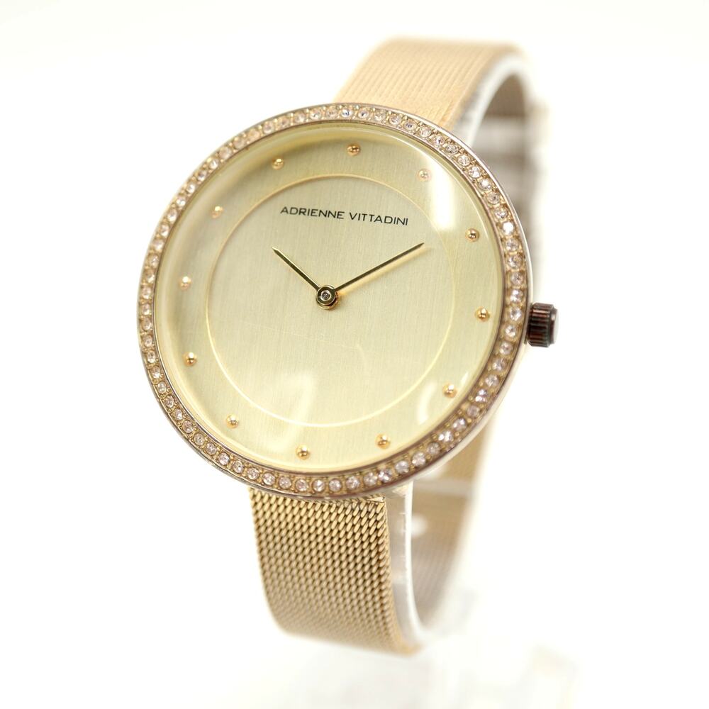 Adrienne Vittadini Gold Tone Minimal 38mm Watch Metal Mesh Strap w New Battery